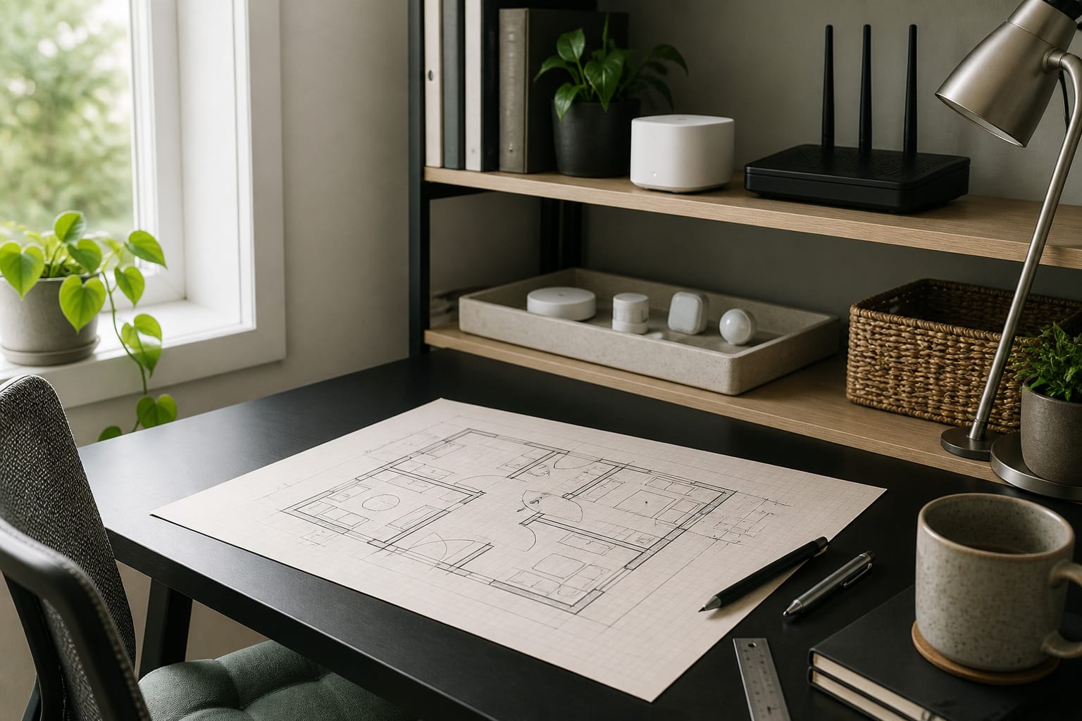 Organized home office corner with a smart home hub, sensors, and a floor plan sketch