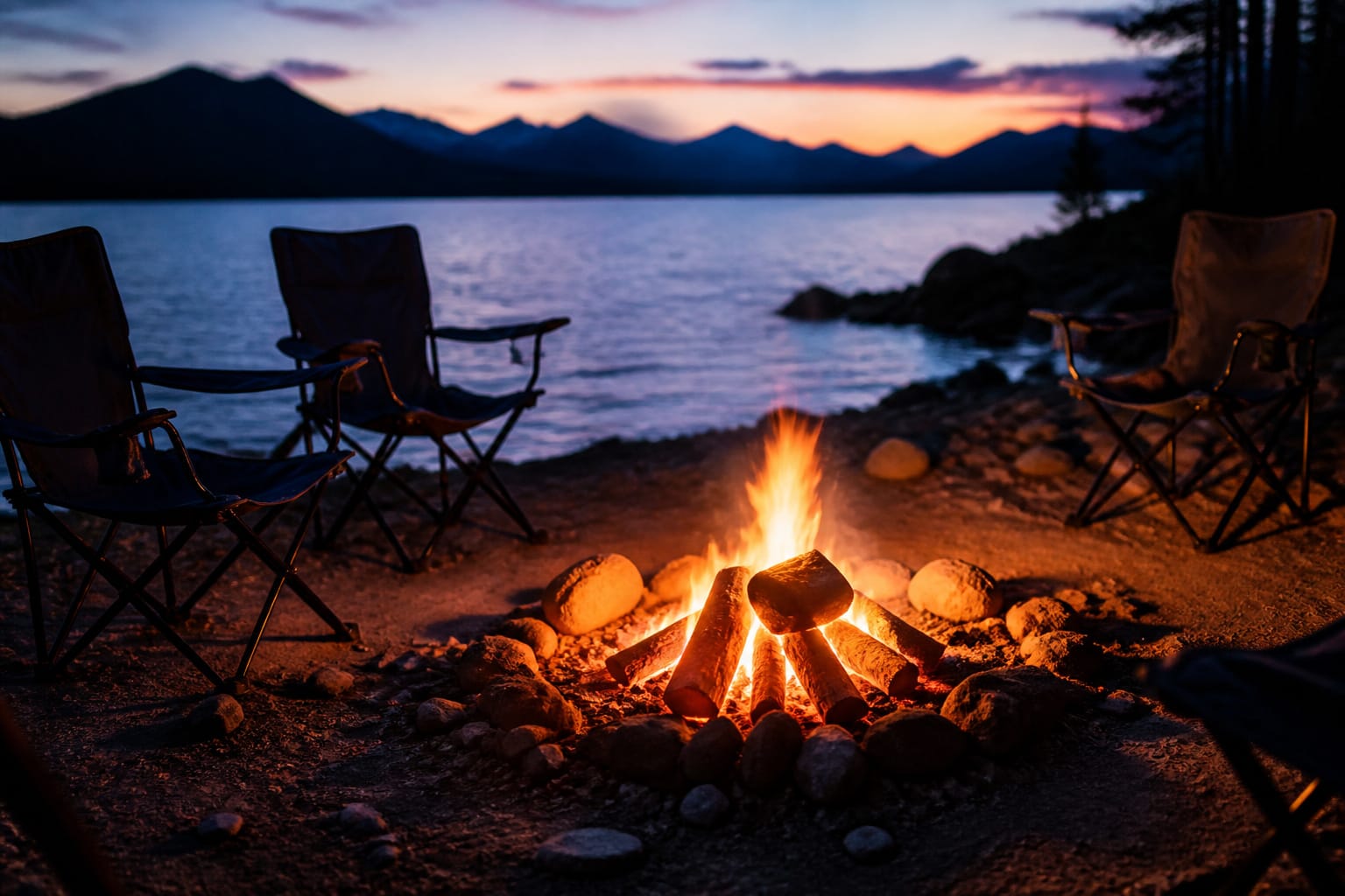Campsite at dusk with a glowing campfire and empty camp chairs