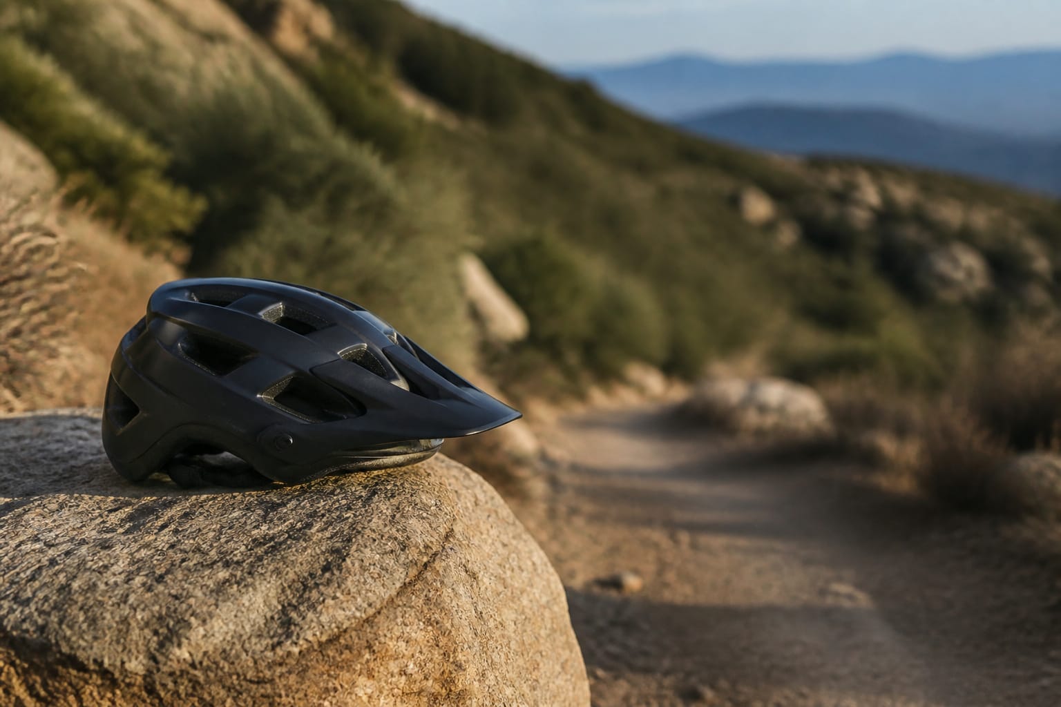 Bike helmet resting on a rock at a trailhead