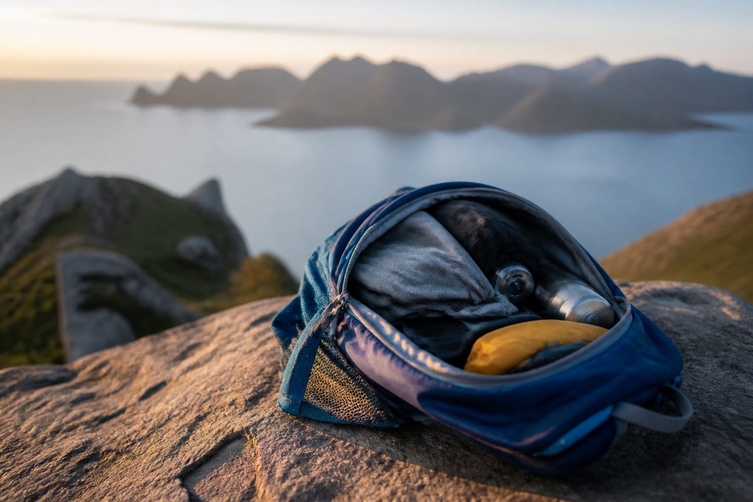 Small daypack open on a rock at a scenic viewpoint