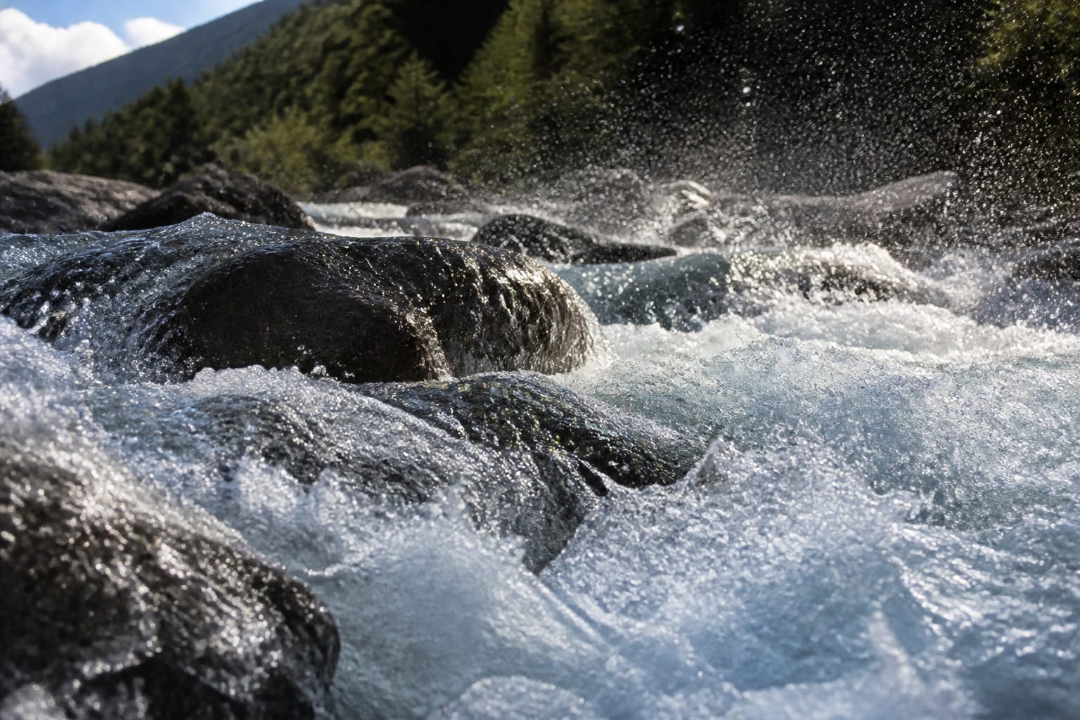 Whitewater rapids crashing over rocks in a mountain river