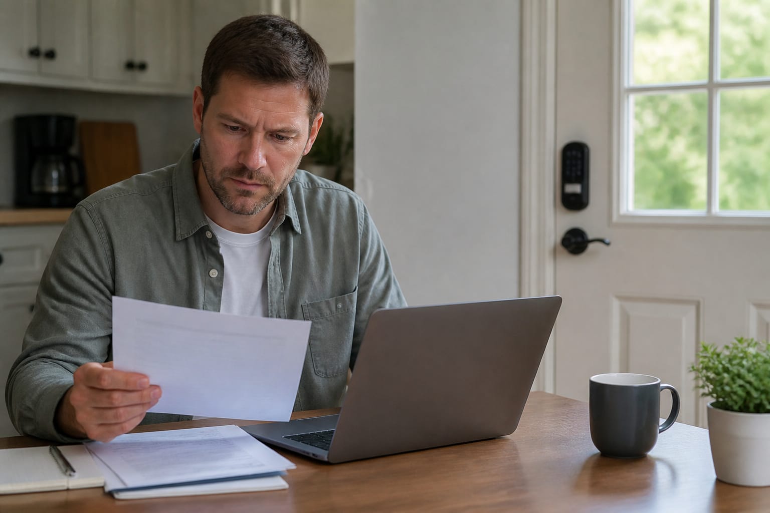 homeowner reviewing an insurance document at a kitchen table