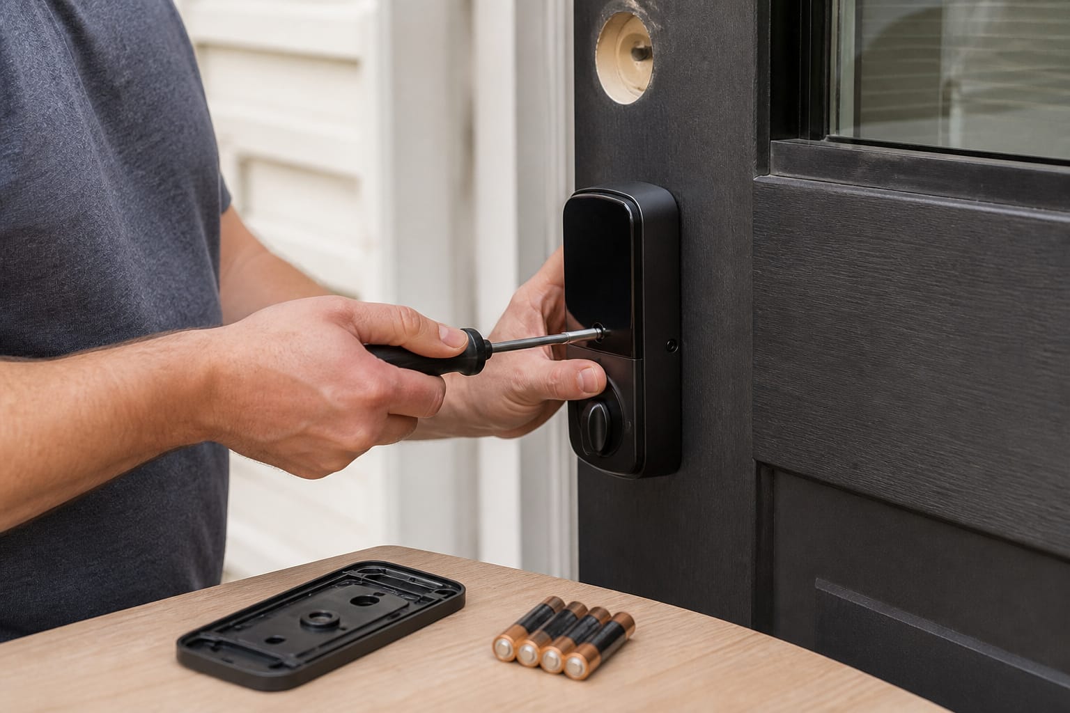 installing a smart lock with a screwdriver and batteries nearby