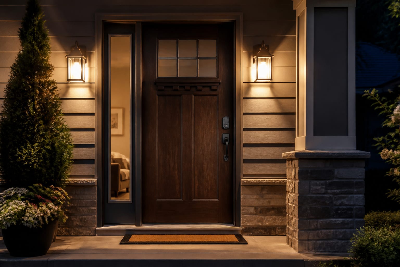 front door at dusk with a smart lock and exterior lighting