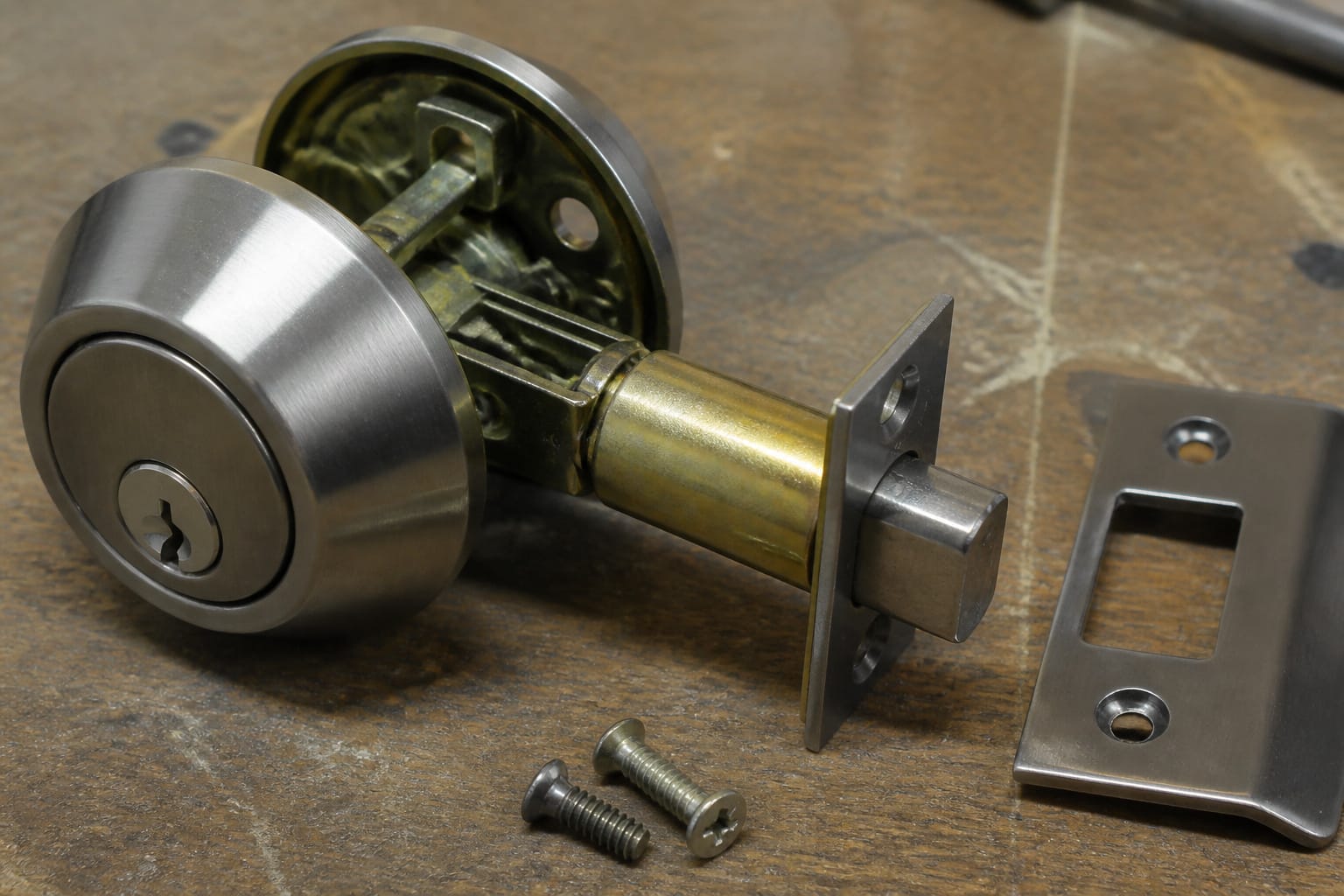 deadbolt mechanism and strike plate on a workbench