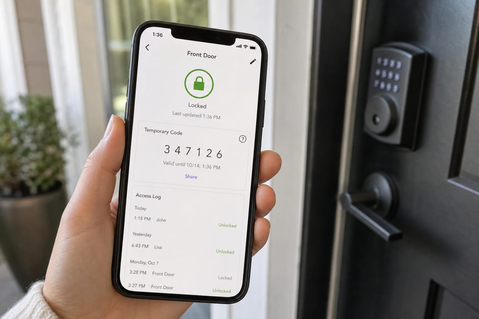 smart lock app showing an access code on a smartphone