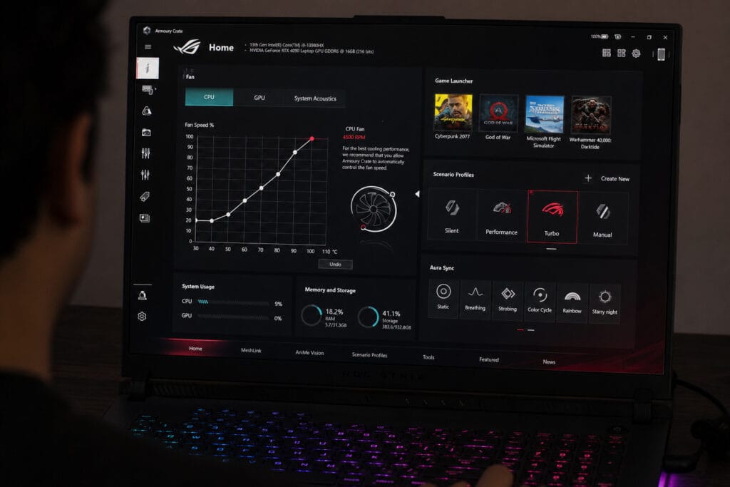 ASUS Armoury Crate software interface on the ROG Strix SCAR 18 showing performance and RGB lighting controls