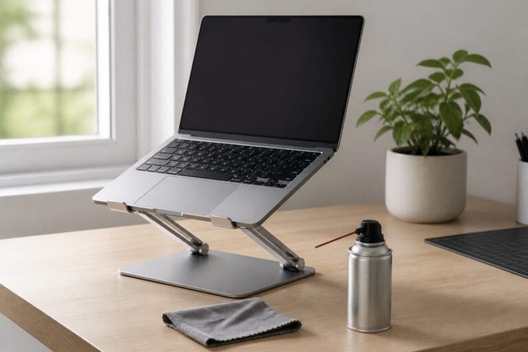 Laptop on a stand with a microfiber cloth and compressed air on a tidy desk