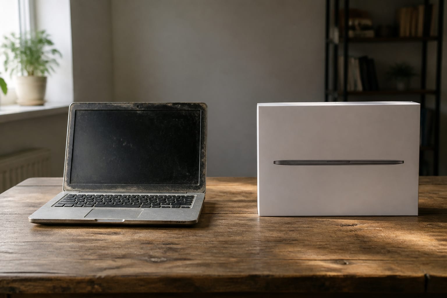 Old laptop next to a new laptop box on a table, representing replacing a computer