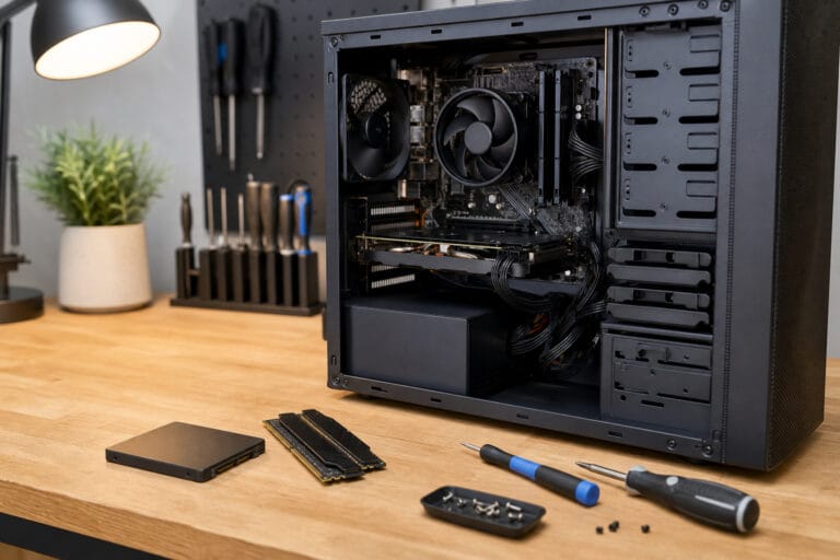 Opened computer case with a new SSD and RAM sticks on a workbench
