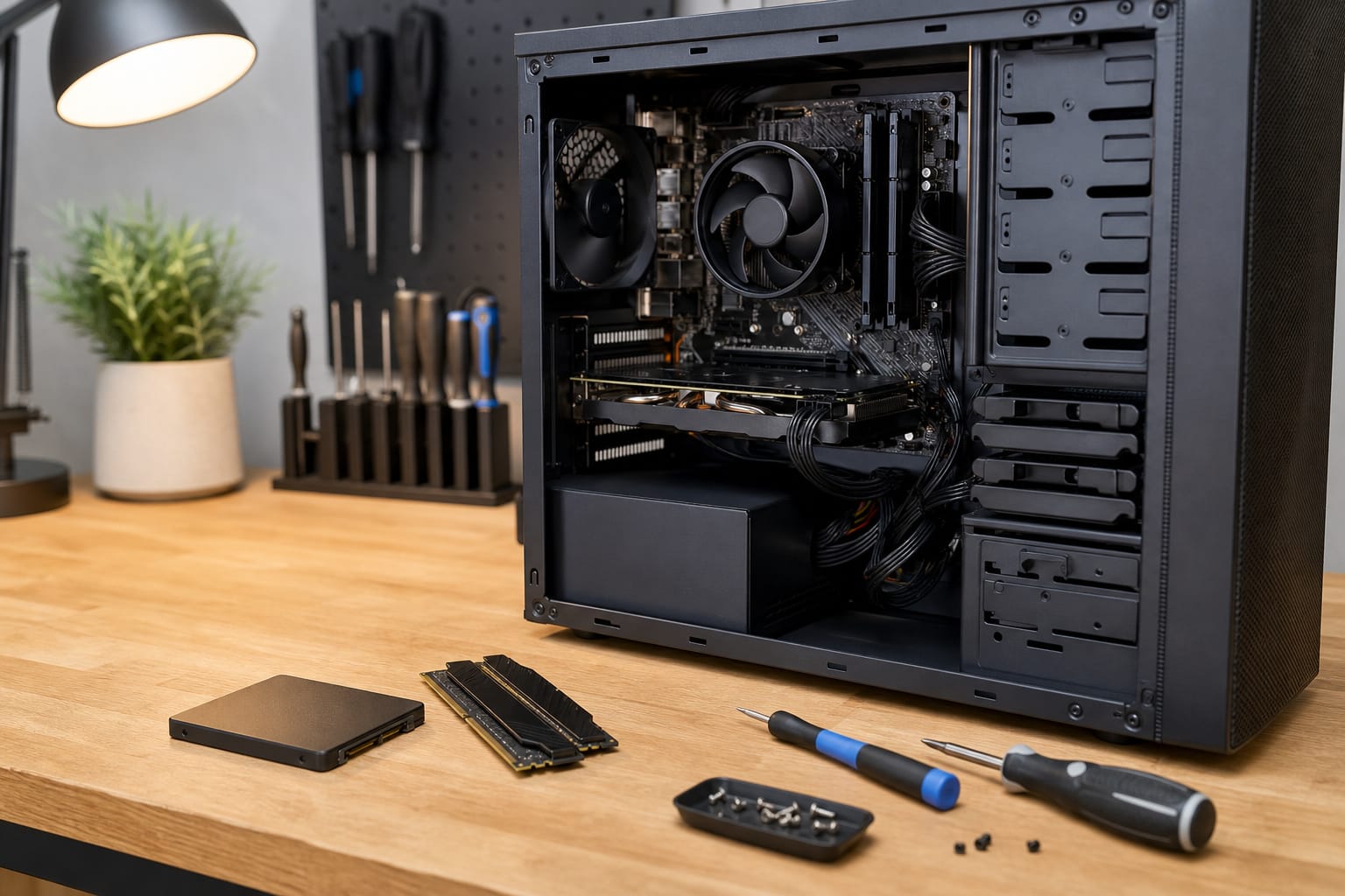 Opened computer case with a new SSD and RAM sticks on a workbench