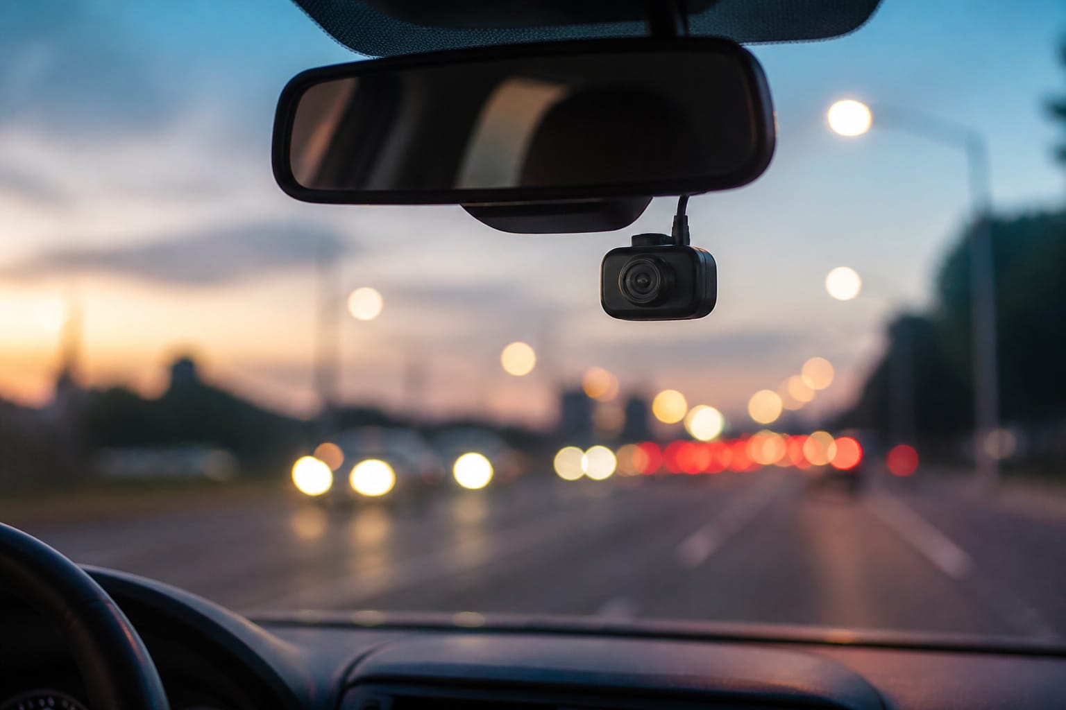 Compact dash cam mounted behind the rearview mirror on a windshield at dusk