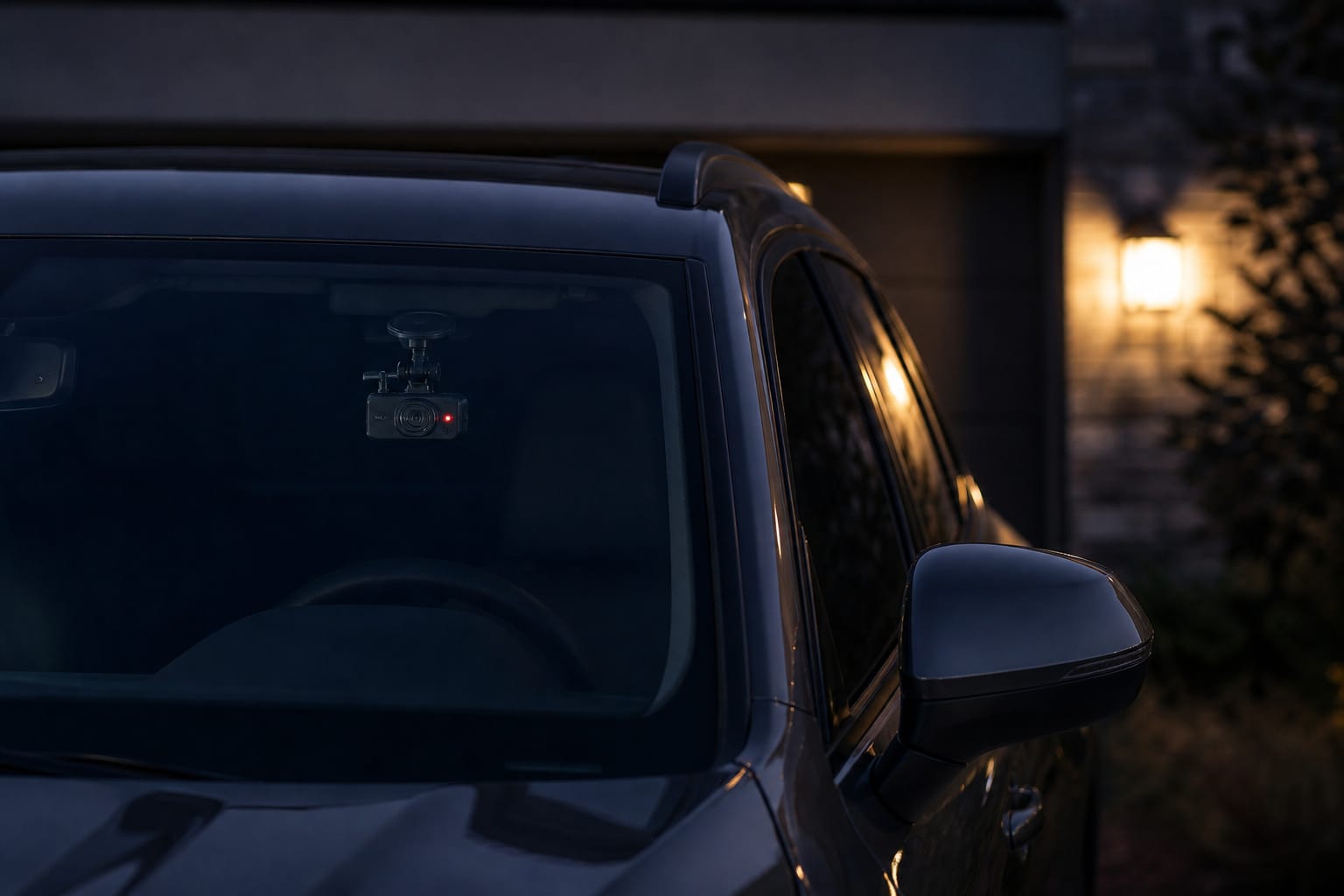 Dash cam glowing behind a windshield on a car parked overnight