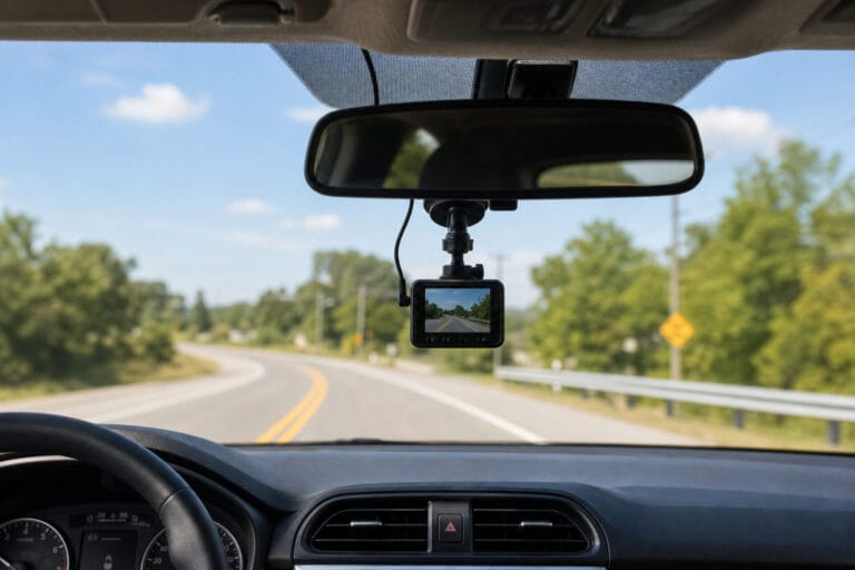 Dash cam mounted centered behind the rearview mirror on a windshield