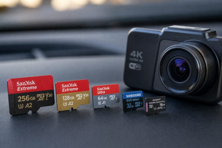 Several microSD cards of different sizes next to a dash cam