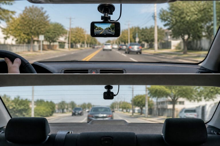 Front and rear dash cameras mounted inside the same car