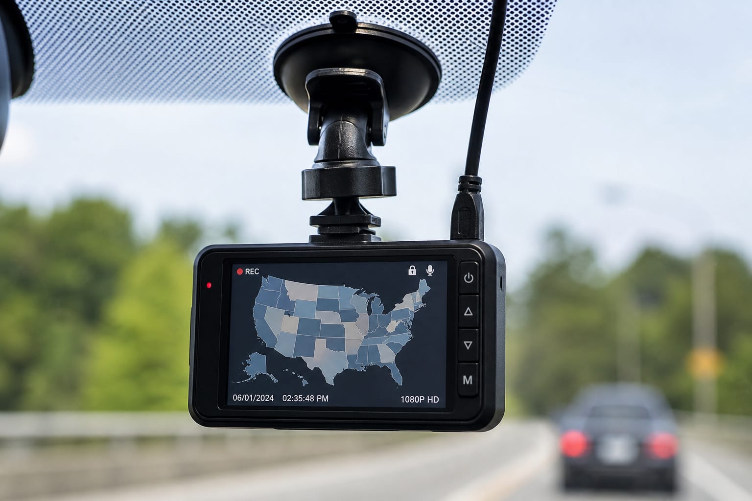 Dash cam on a windshield suggesting state-by-state legal rules