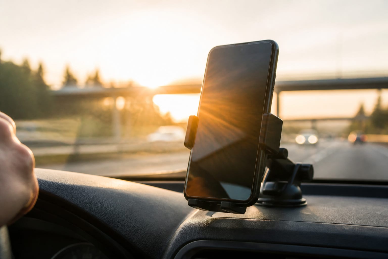 Smartphone mounted on a car dashboard with sunlight glare across its screen