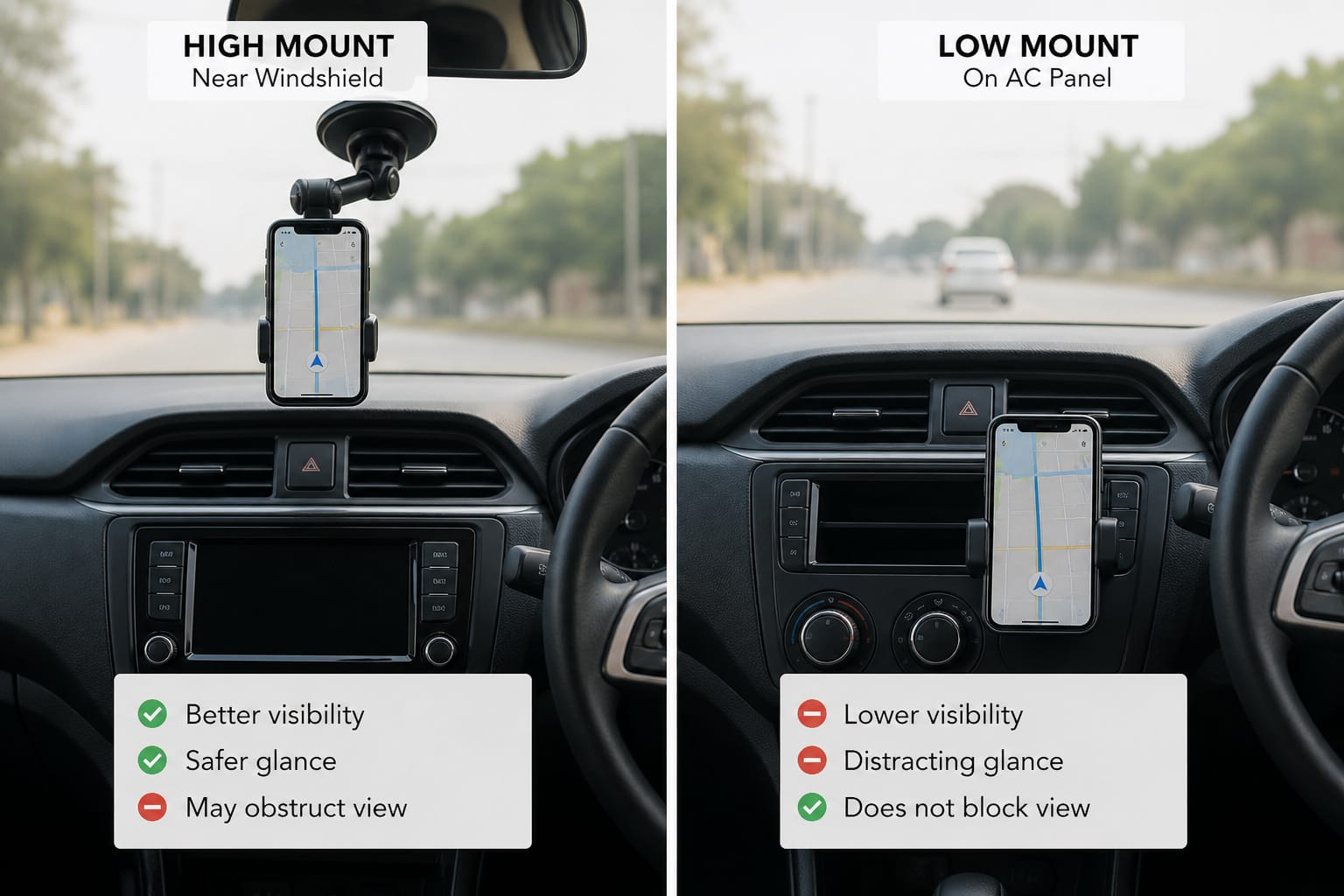 Comparison of a phone mounted high near the windshield versus low on the AC panel