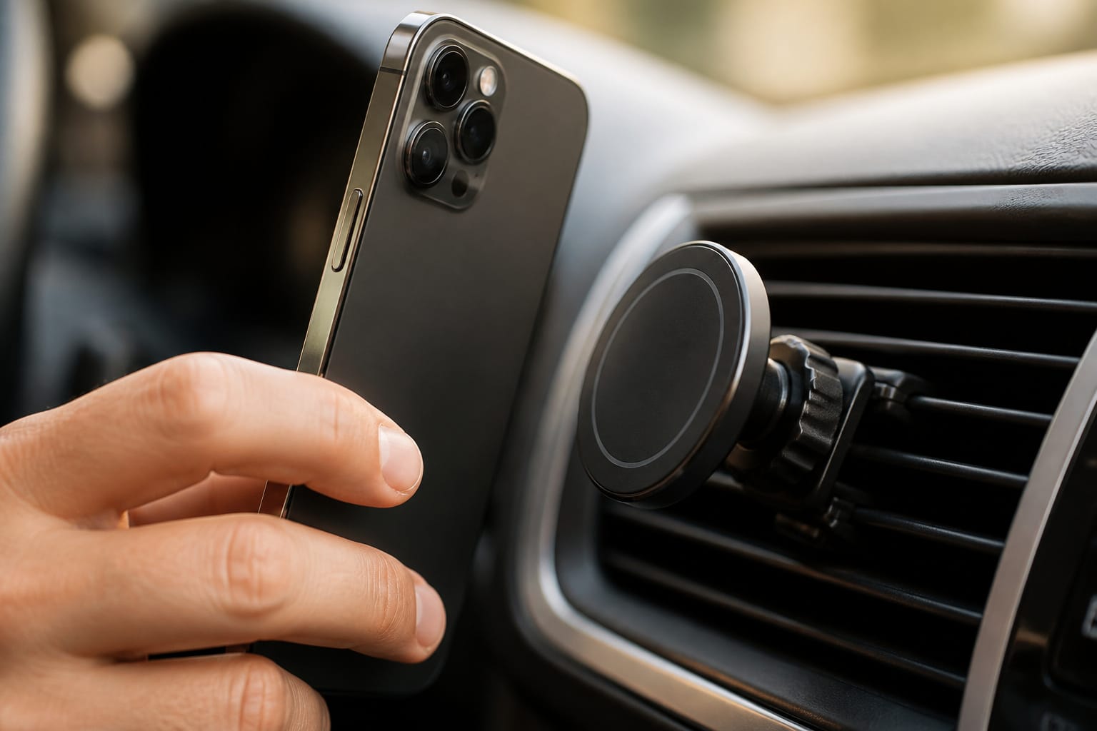 Hand attaching a smartphone to a magnetic MagSafe-style car vent mount