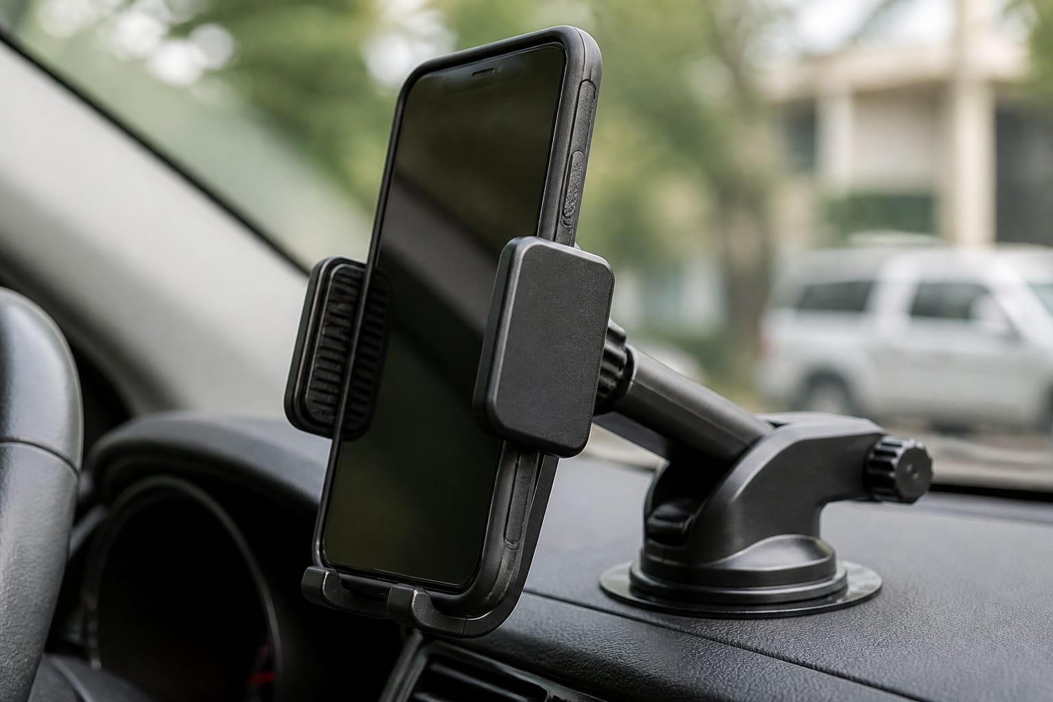 Traditional clamp-style car phone mount with spring-loaded arms holding a cased smartphone on a dashboard