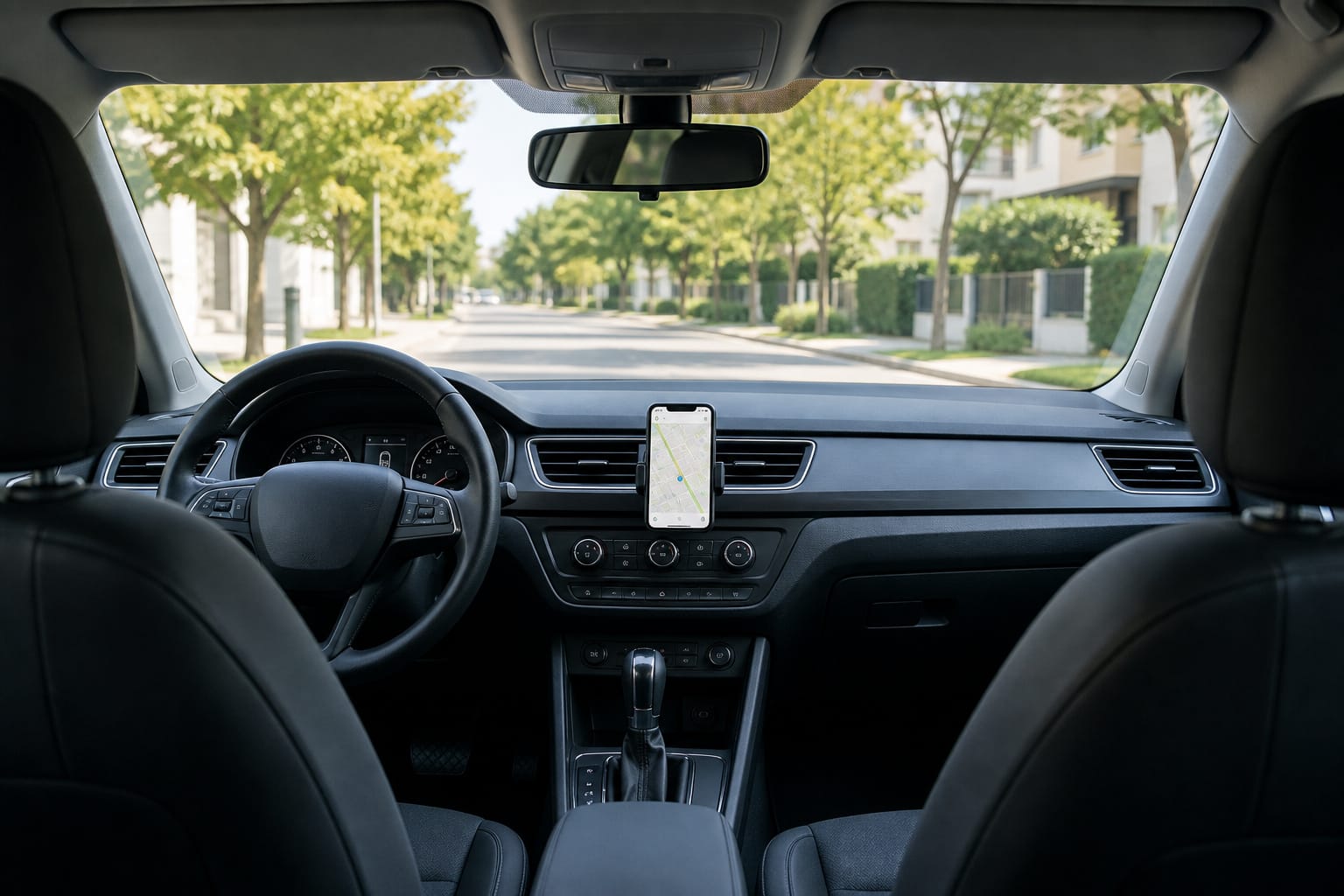 Car interior showing dashboard, windshield, air vent, and rearview mirror mounting spots for a phone mount