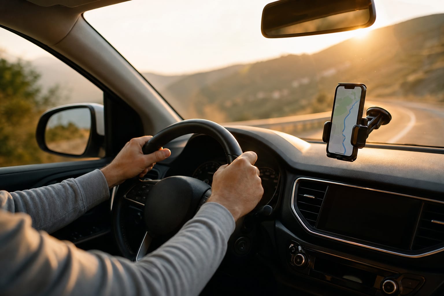 Driver with hands on the wheel and a smartphone navigation display secured in a car mount