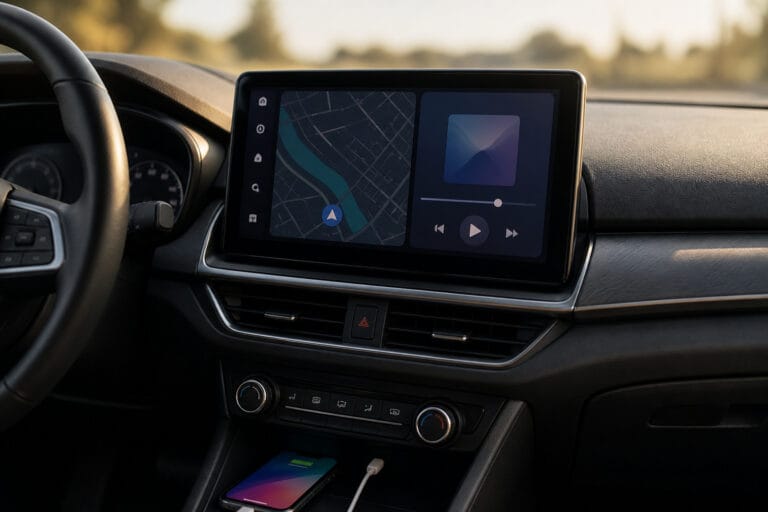 Car dashboard touchscreen showing a map and music player with a phone plugged in