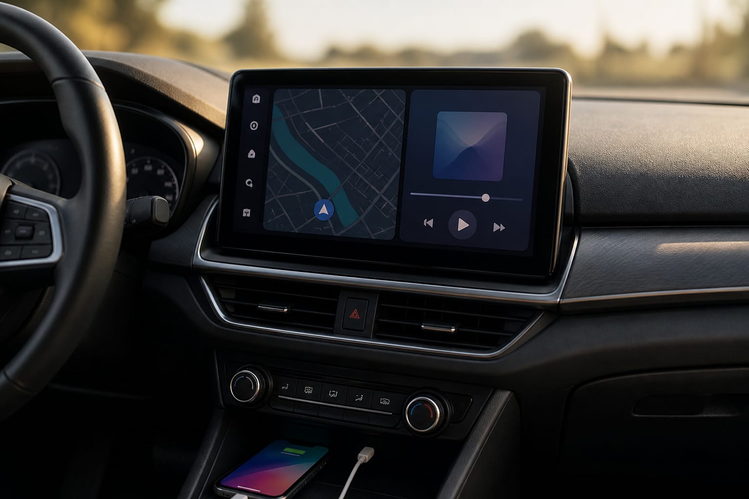 Car dashboard touchscreen showing a map and music player with a phone plugged in