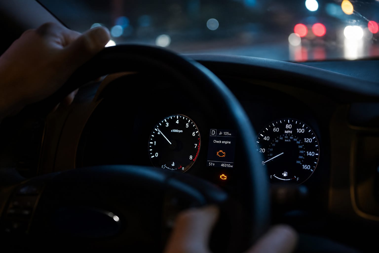 Car dashboard at night with the check engine light illuminated