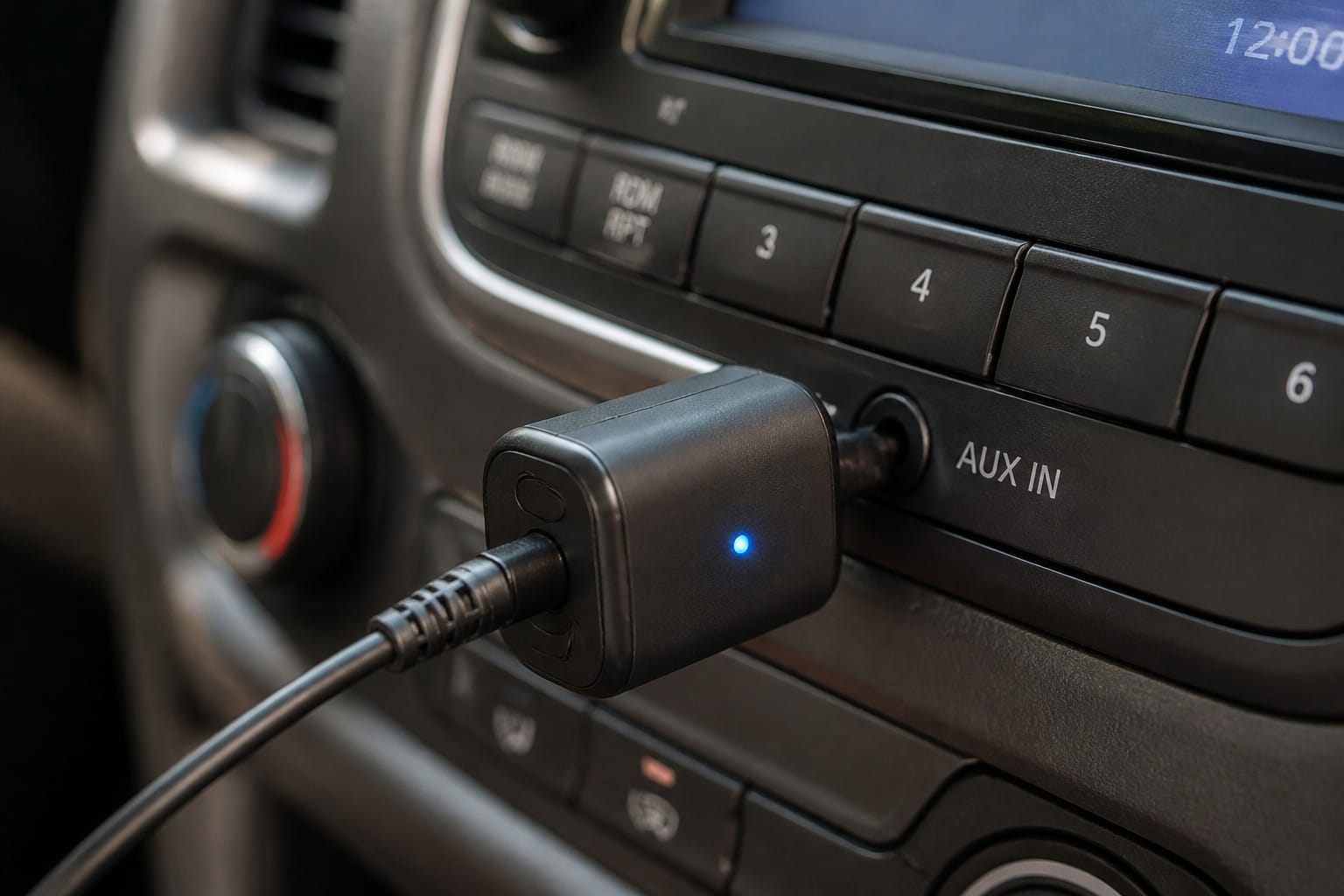 Bluetooth aux adapter plugged into a car stereo's aux input jack