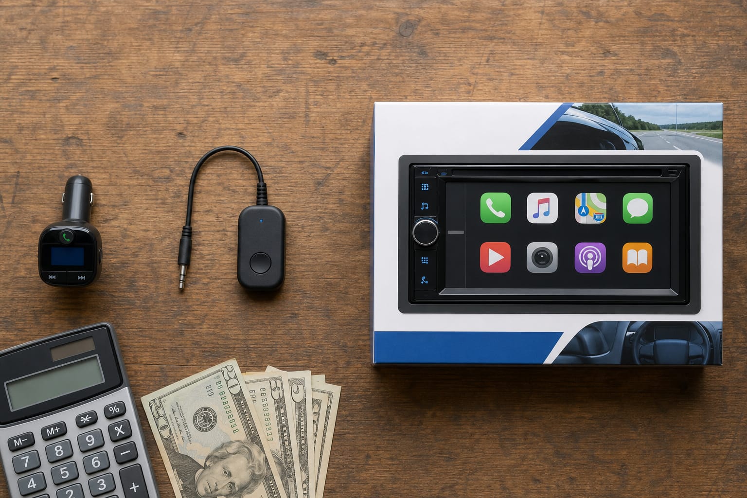 FM transmitter, Bluetooth adapter, and boxed car stereo arranged to compare cost