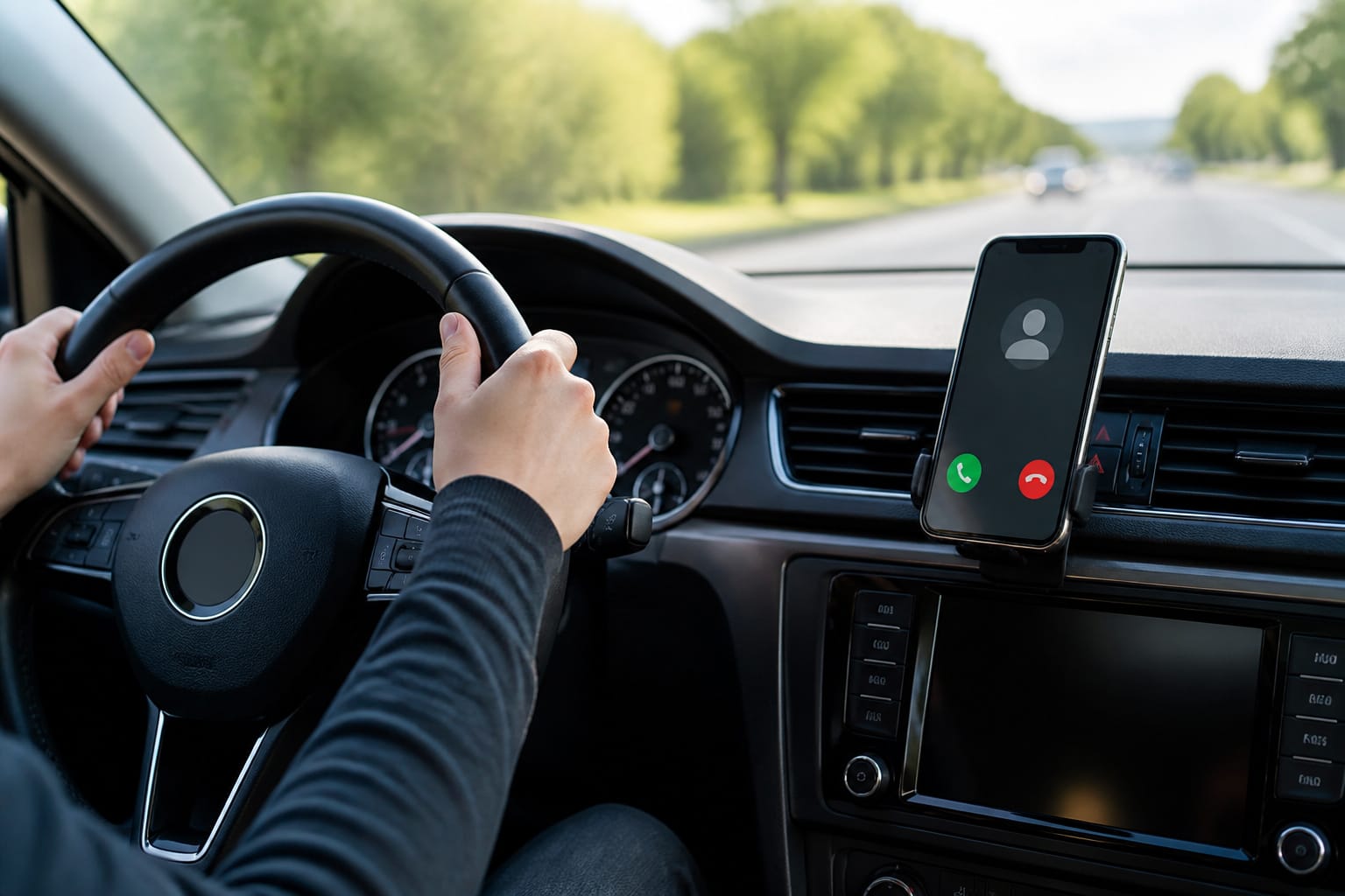 Driver taking a hands-free call with a dashboard-mounted phone