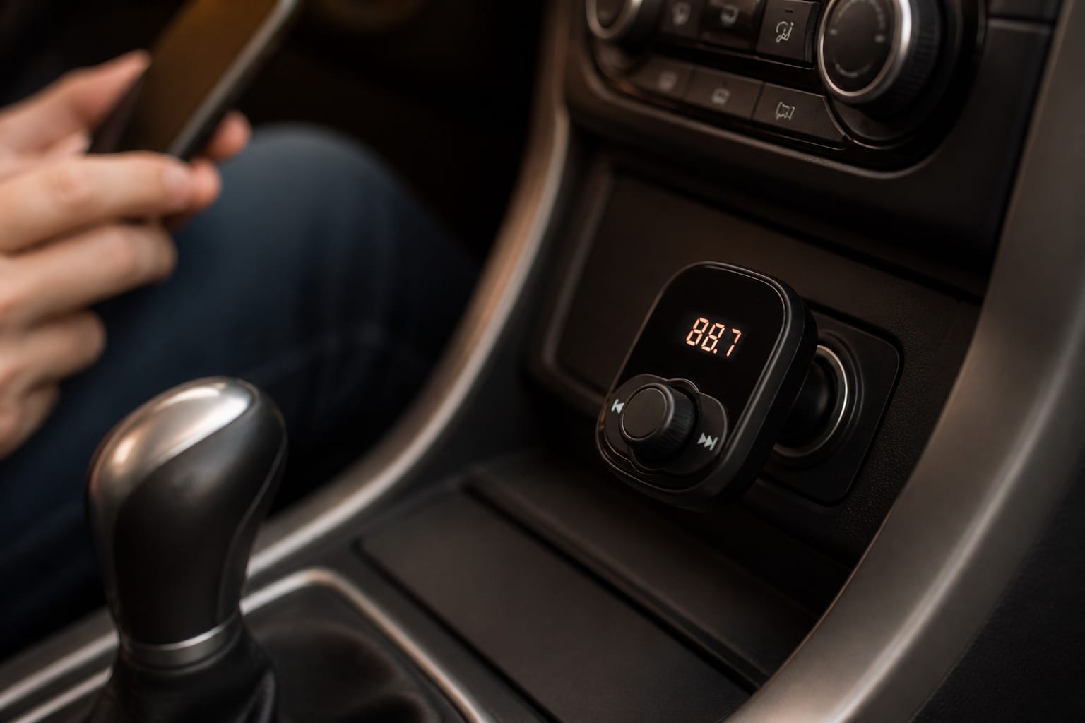 FM transmitter plugged into a car's 12V outlet showing the tuned frequency