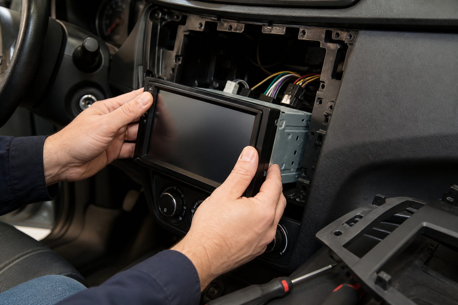 Installing a new touchscreen double-DIN car stereo into a dashboard