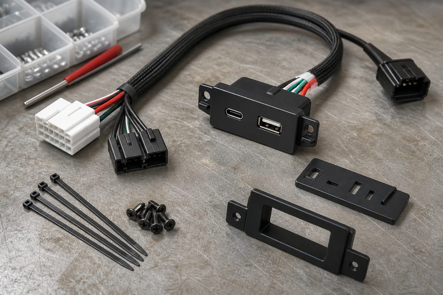 USB port upgrade kit with wiring harness and connectors on a workbench