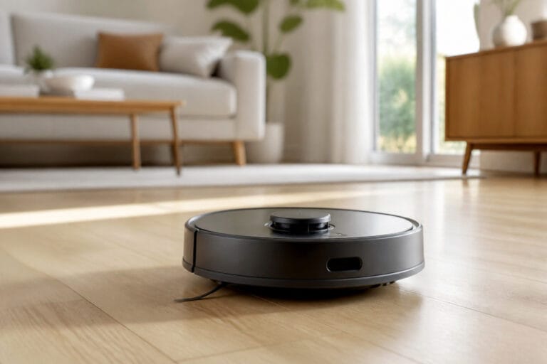 Robot vacuum with a LiDAR turret cleaning a hardwood living room floor