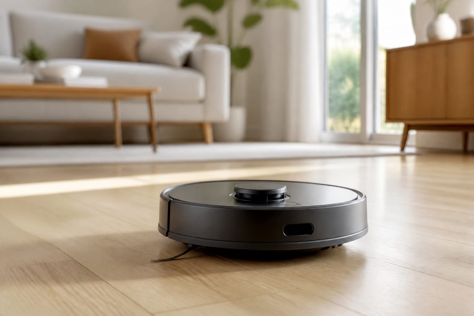 Robot vacuum with a LiDAR turret cleaning a hardwood living room floor