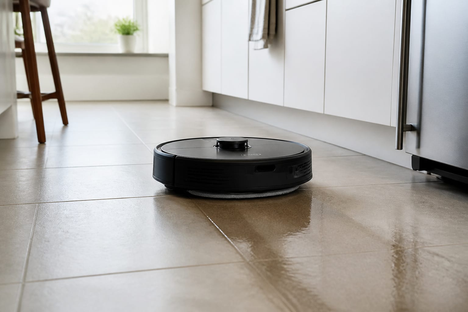 Robot vacuum and mop combo cleaning a tile kitchen floor