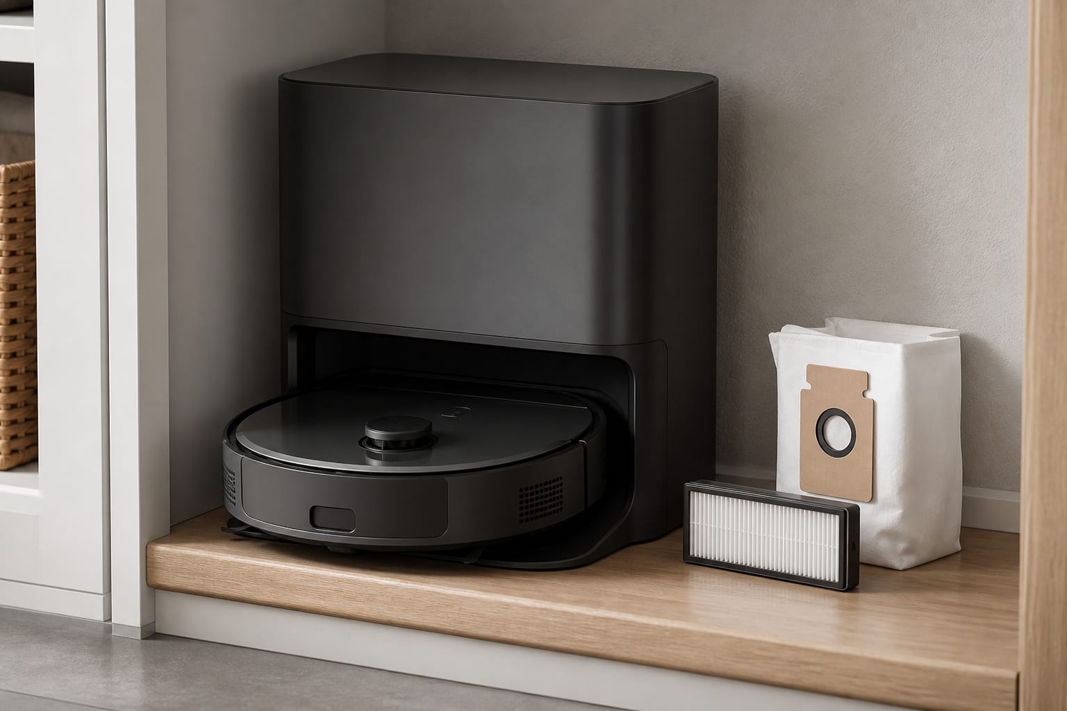 Robot vacuum in its self-emptying base next to a HEPA filter and dust bag