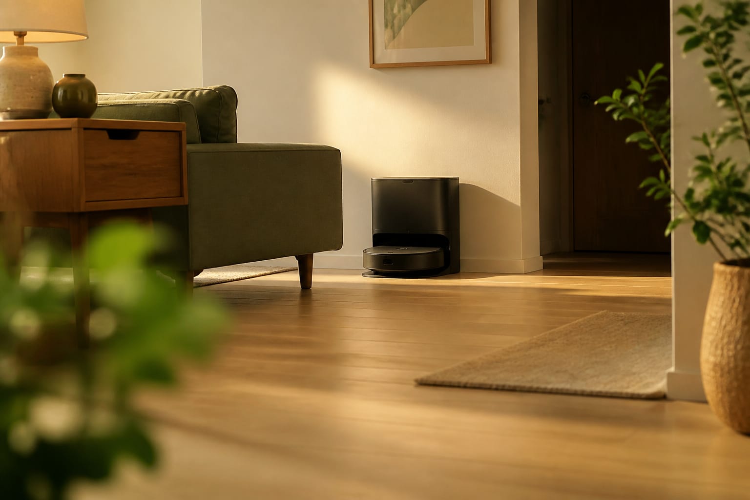 Clean living room floor with a robot vacuum resting at its base