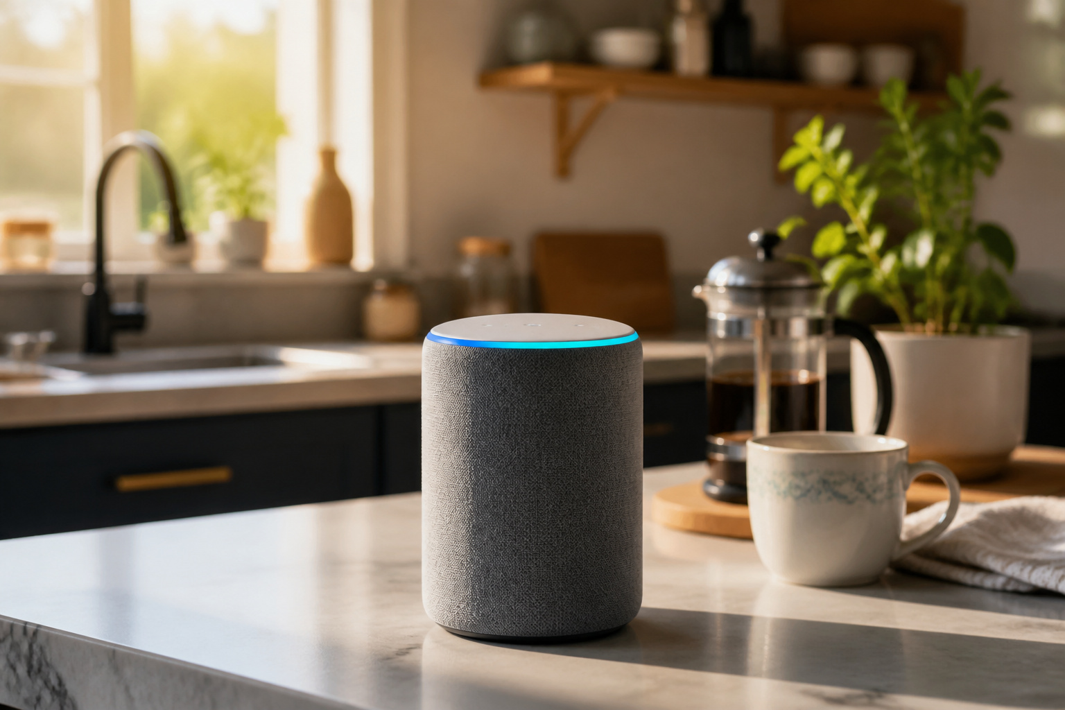 Smart speaker on a kitchen counter, possibly already functioning as a smart home hub