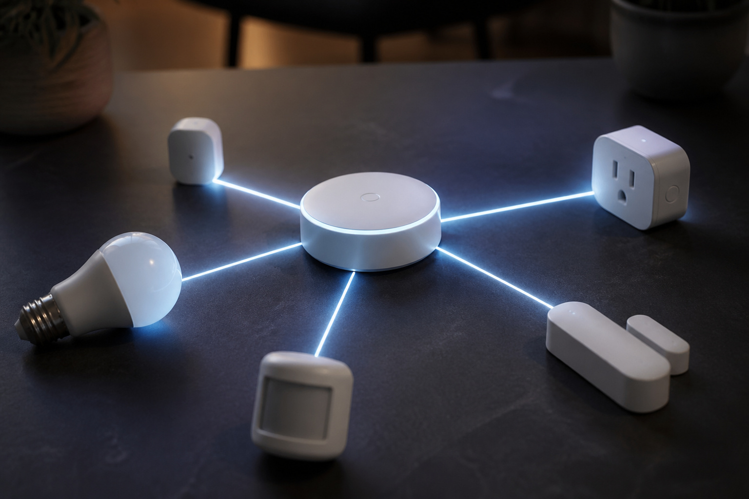 A central smart home hub connected to several smart devices by glowing lines