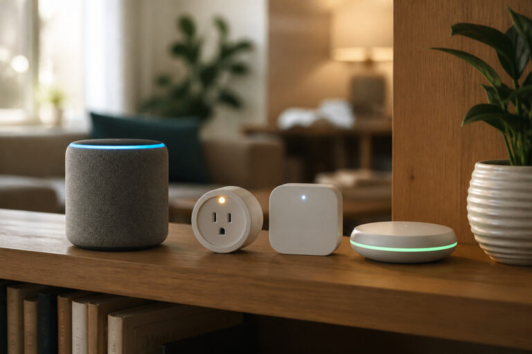 Several different-looking smart home devices arranged together on a shelf