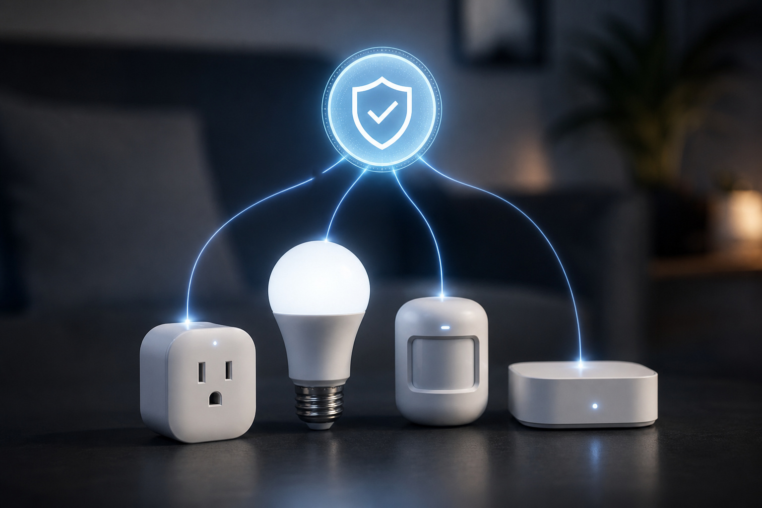 A glowing certification badge connected to several different smart home devices