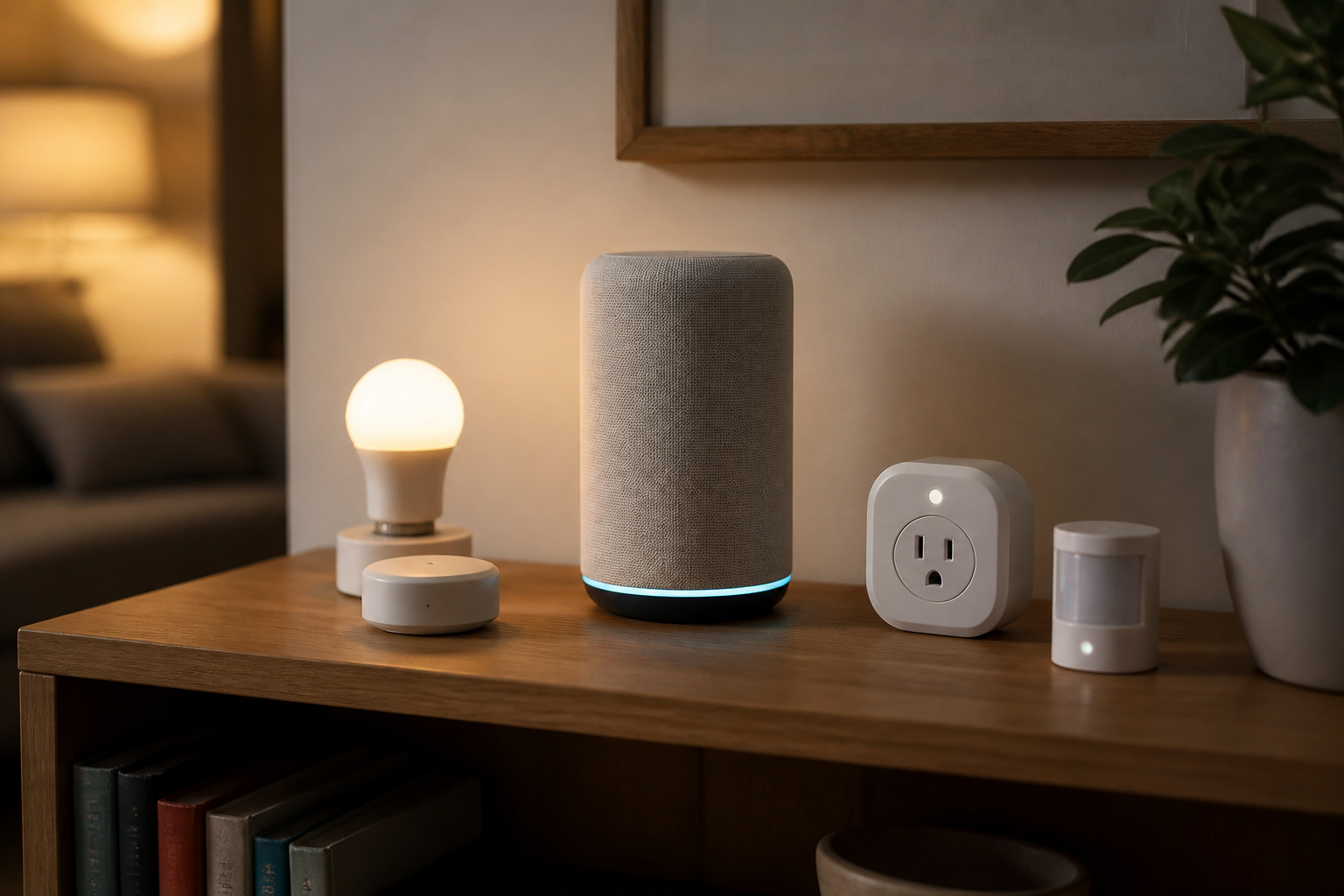 A smart speaker surrounded by different smart home devices working together