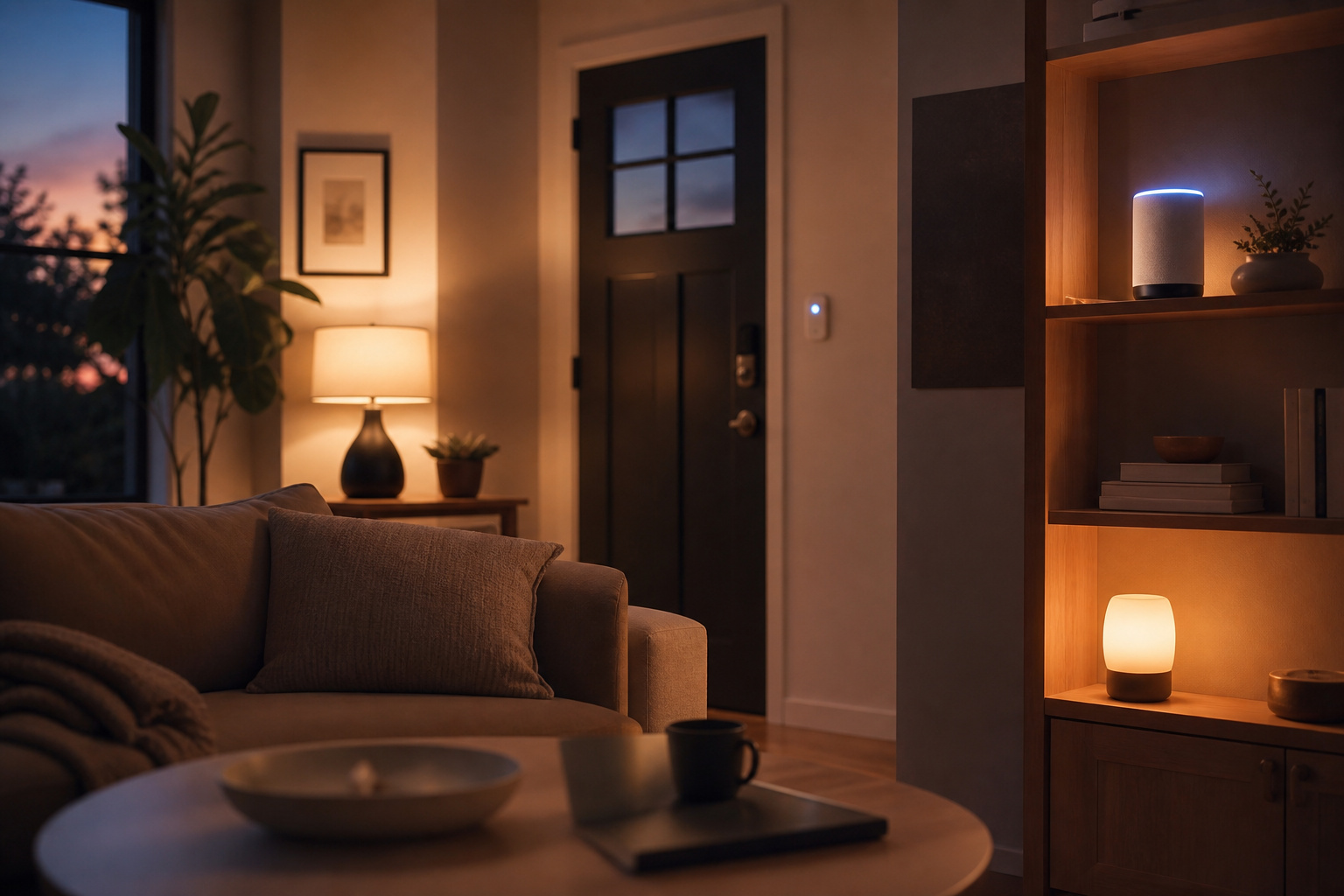 A calm living room with several different smart devices working together at dusk
