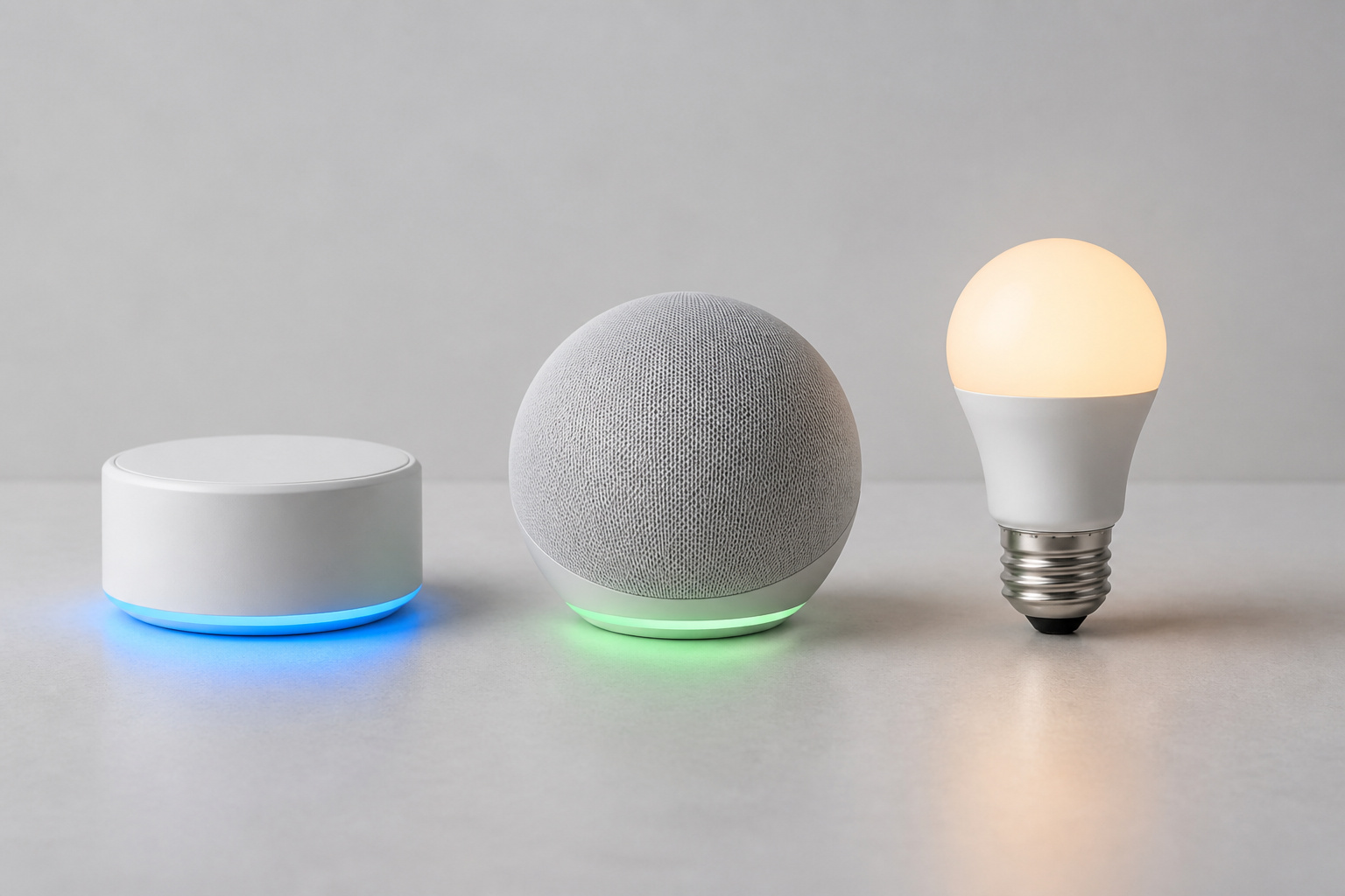 Three smart home devices glowing with different colored signals, representing different compatibility factors