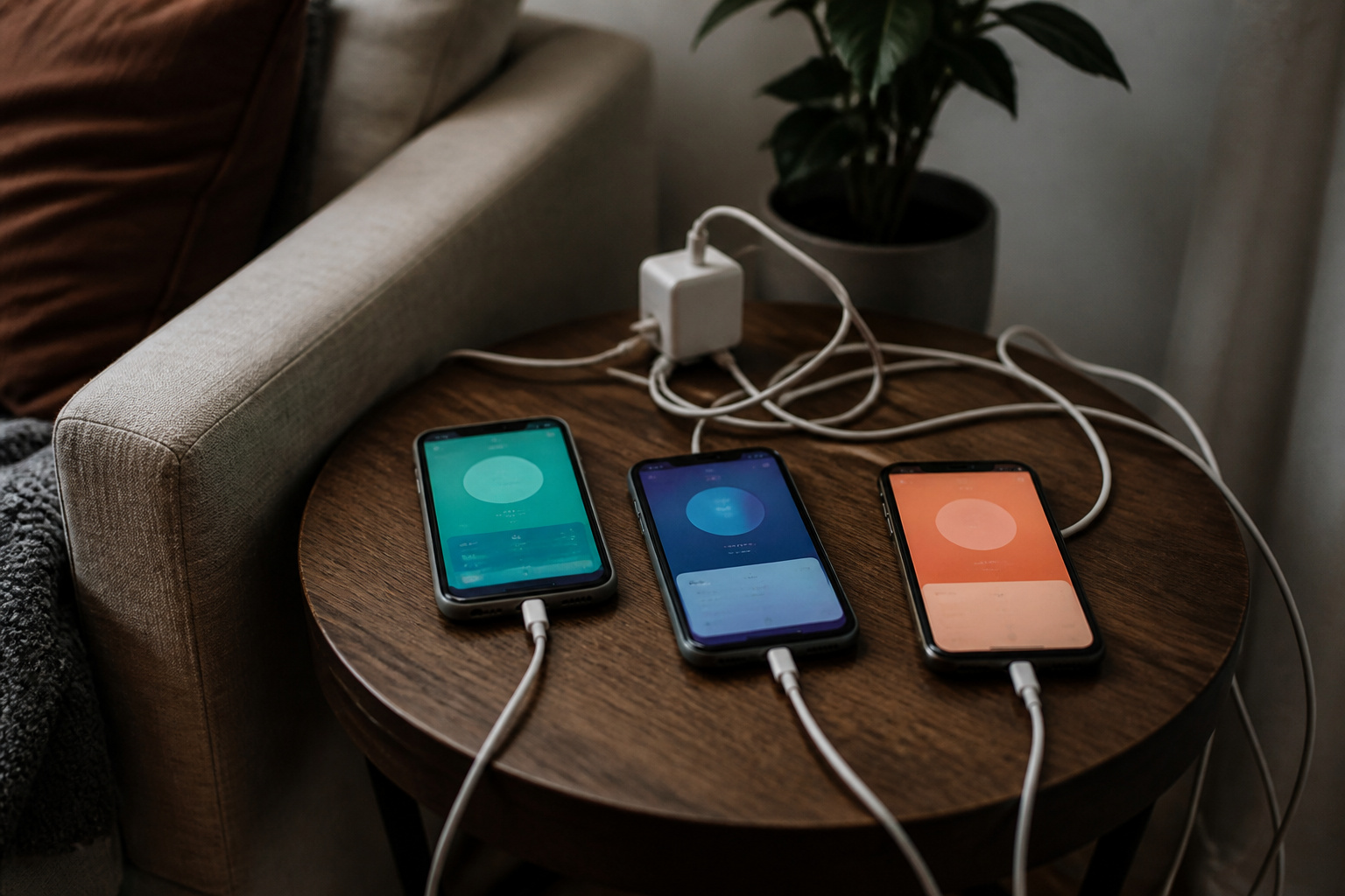 Multiple phones with different apps and tangled cables, representing fragmented smart home control