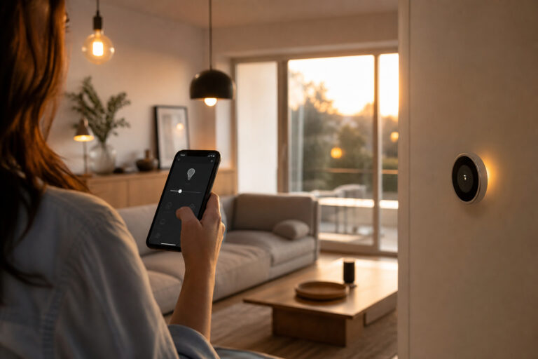 Homeowner checking a smart home app in a modern living room